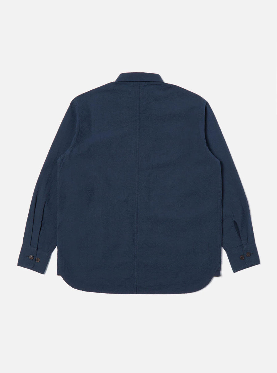 universal works travail shirt navy cotton seersucker (LAST SIZE XLARGE)