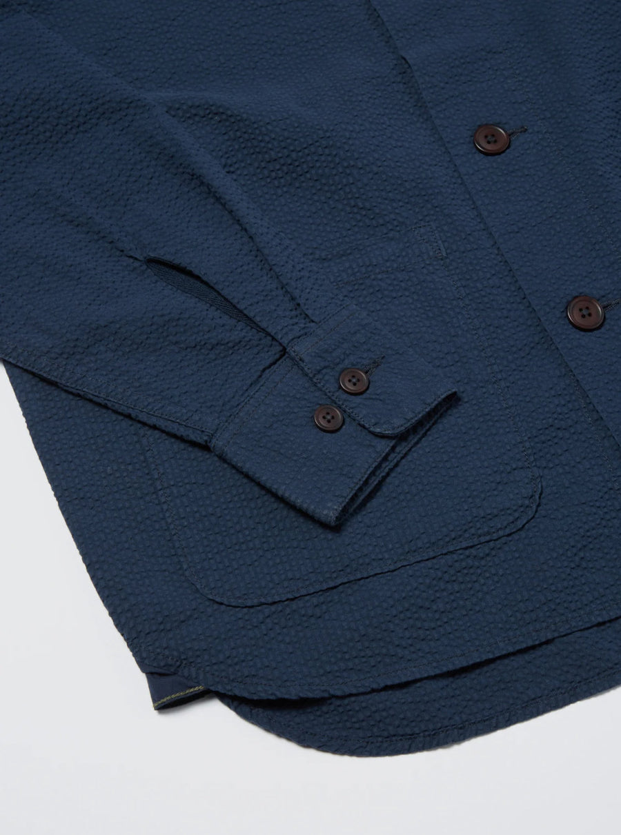 universal works travail shirt navy cotton seersucker (LAST SIZE XLARGE)